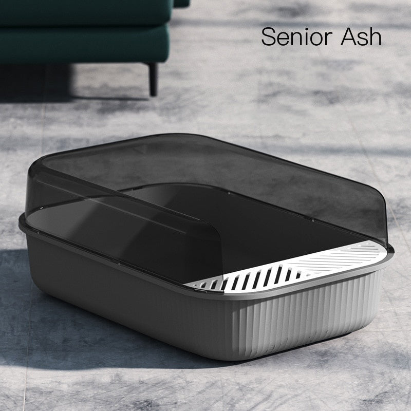 Spacious Semi-Enclosed Cat Litter Box (White)