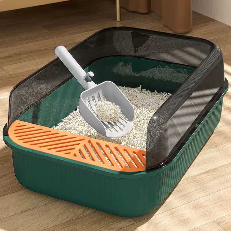 Spacious Semi-Enclosed Cat Litter Box (White)