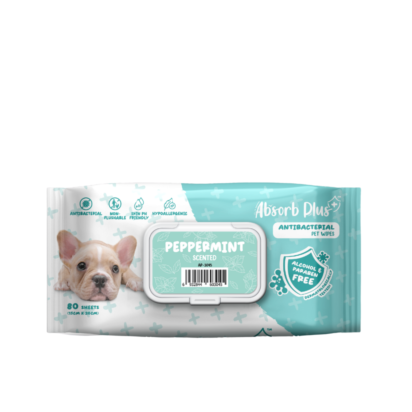 Absorb Plus AntiBacterial Pet Wipes Peppermint 15cm x 20cm - 80sheets