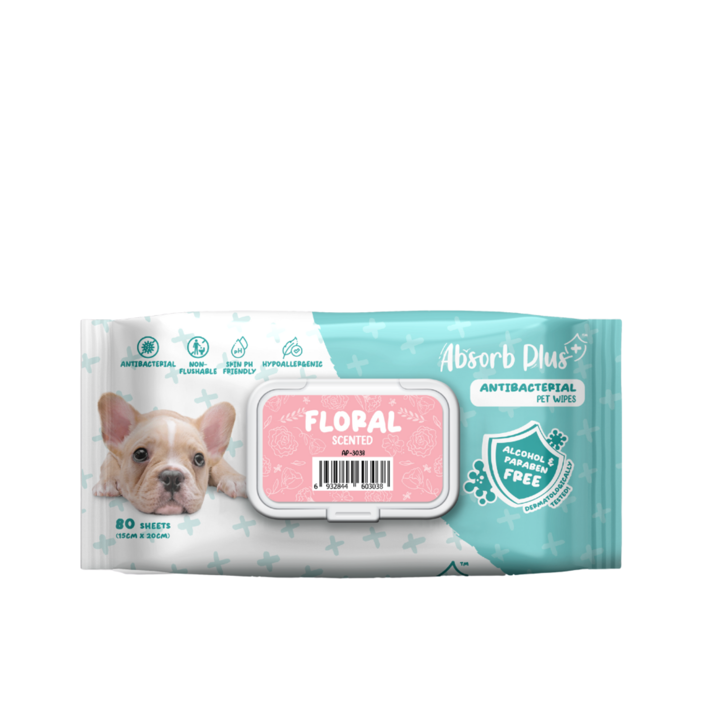 Absorb Plus AntiBacterial Pet Wipes Floral 15cm x 20cm - 80sheets