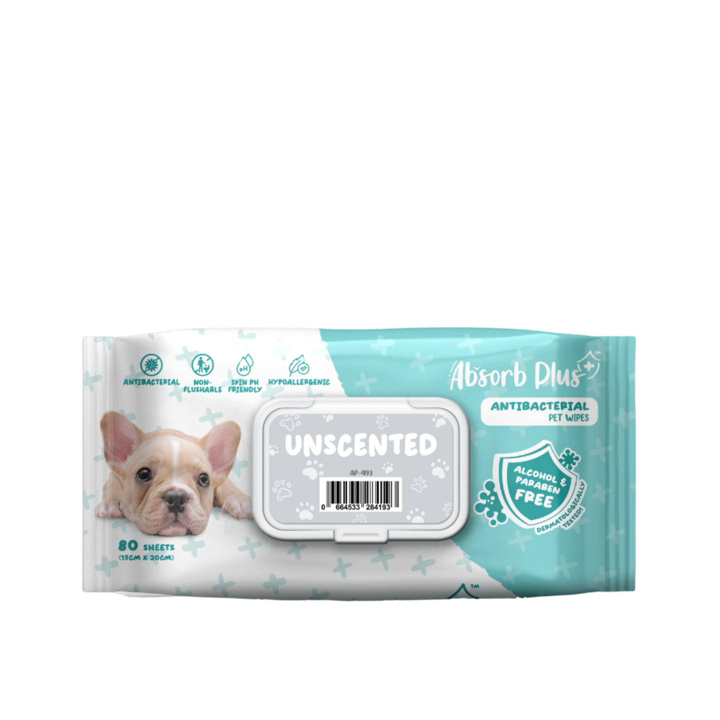Absorb Plus AntiBacterial Pet Wipes Unscented 15cm x 20cm - 80sheets