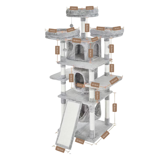 171cm Tall Multi-Level Cat Tower with Scratching Posts, Plush Perches & Cozy Hammock – Ultimate Cat Condo Playhouse